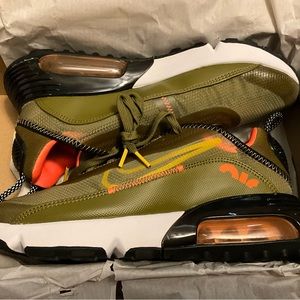 Women Air Max 2090 Olive Flank/University Gold and stripes of orange